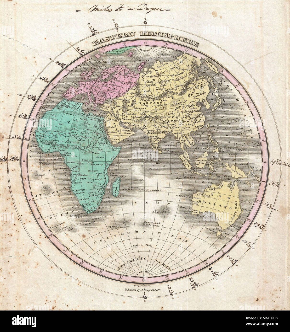 .  English: This is Finley’s desirable 1827 map of the Eastern Hemisphere. Includes Africa, Europe, Asia and Australia. Identifies deserts, rivers, mountain rangers, lakes, and major cities. Color coded according to continent. Australia is included with Asia. Original owner has added a miles to a degree scale surrounding the image. Engraved by Young and Delleker for the 1827 edition of Anthony Finley's General Atlas .  Eastern Hemisphere.. 1827 (undated). 1827 Finley Map of the Eastern Hemisphere (Asia, Australia, Europe, Africa) - Geographicus - EasternHemisphere-finley-1827 Stock Photo