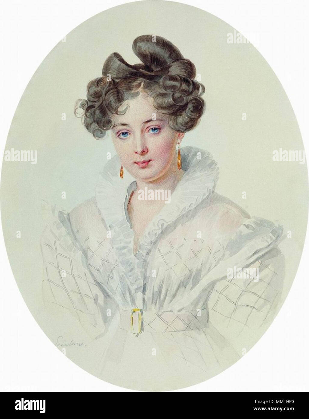 .  English: Portrait of a woman (possibly Sophia Alexandrovna Radzivil) Русский: Портрет С.А.Урусовой. 1827. Бумага, акварель, карандаш. 21,5x17 см. Государственный музей А.С.Пушкина, Москва П.Ф.Соколов. Портрет неизвестной в белом платье (С.А.Урусовой?). 1827–1828. Бумага, акварель. Государственный музей А.С.Пушкина Княжна Софья Александровна Урусова (1804–1889), одна из трех дочерей обер-гофмейстера князя А.М.Урусова  ???????: ??????? ?.?.???????? . 1827. Urusova S. A., 1827 by Sokolov P Stock Photo