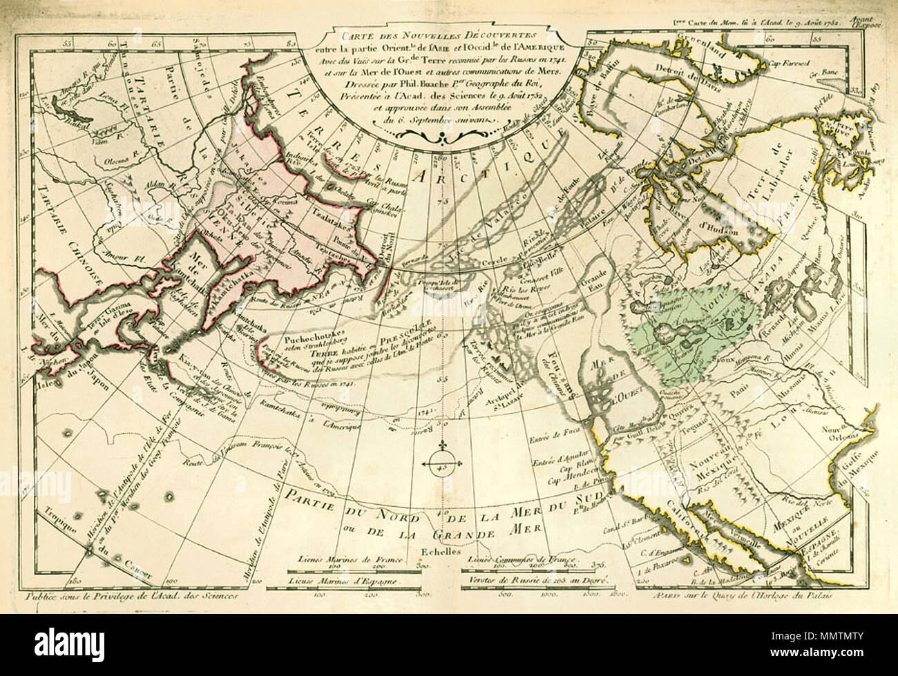 . 1753 world map by the French cartographer Philippe Buache  . 1753. Philippe Buache Buache1753Map Stock Photo