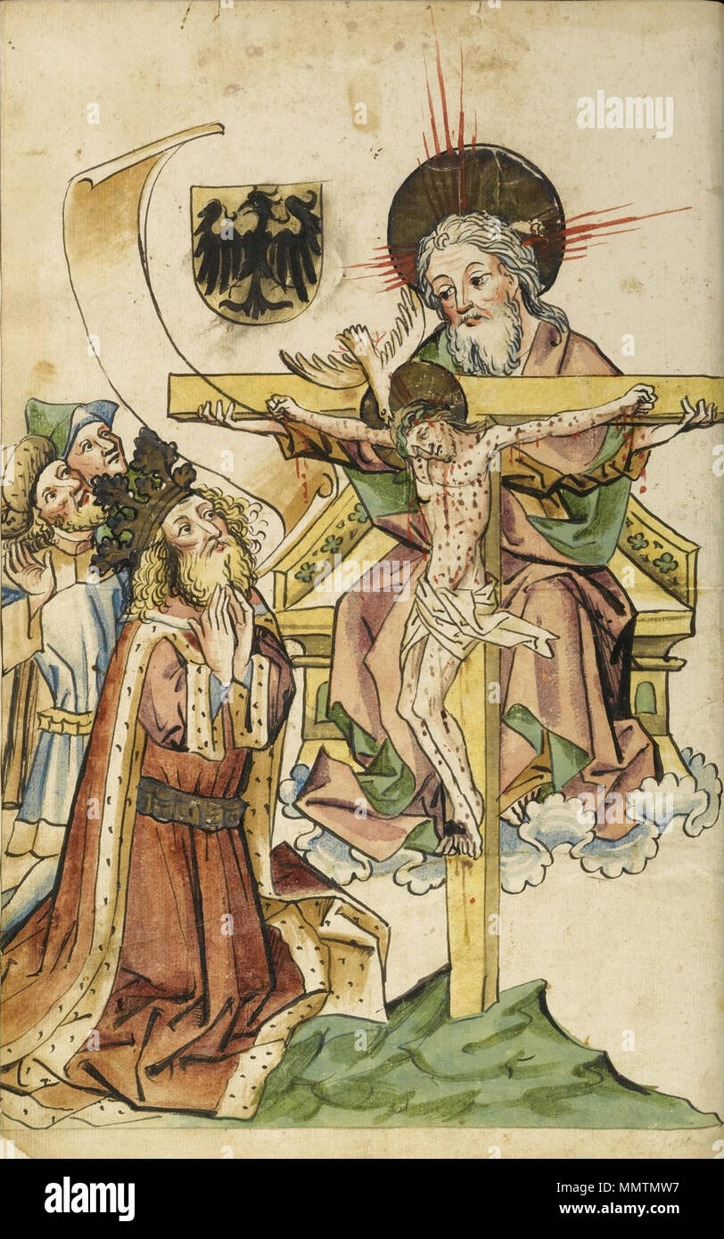 . Eberhard Windeck: Das Buch von Kaiser (Handschrift bei Sotheby's 7.7.2009, siehe http://www.handschriftencensus.de/9134), folio 1v, the Emperor Sigismund and two courtiers kneeling in contemplation before God the father seated and holding Christ on the Cross as the Holy Spirit descends in the form of a dove, all surmounted by the emperor's coat-of-arms Buch-kaiser-sigismund-L09740-26-lr-1 Stock Photo