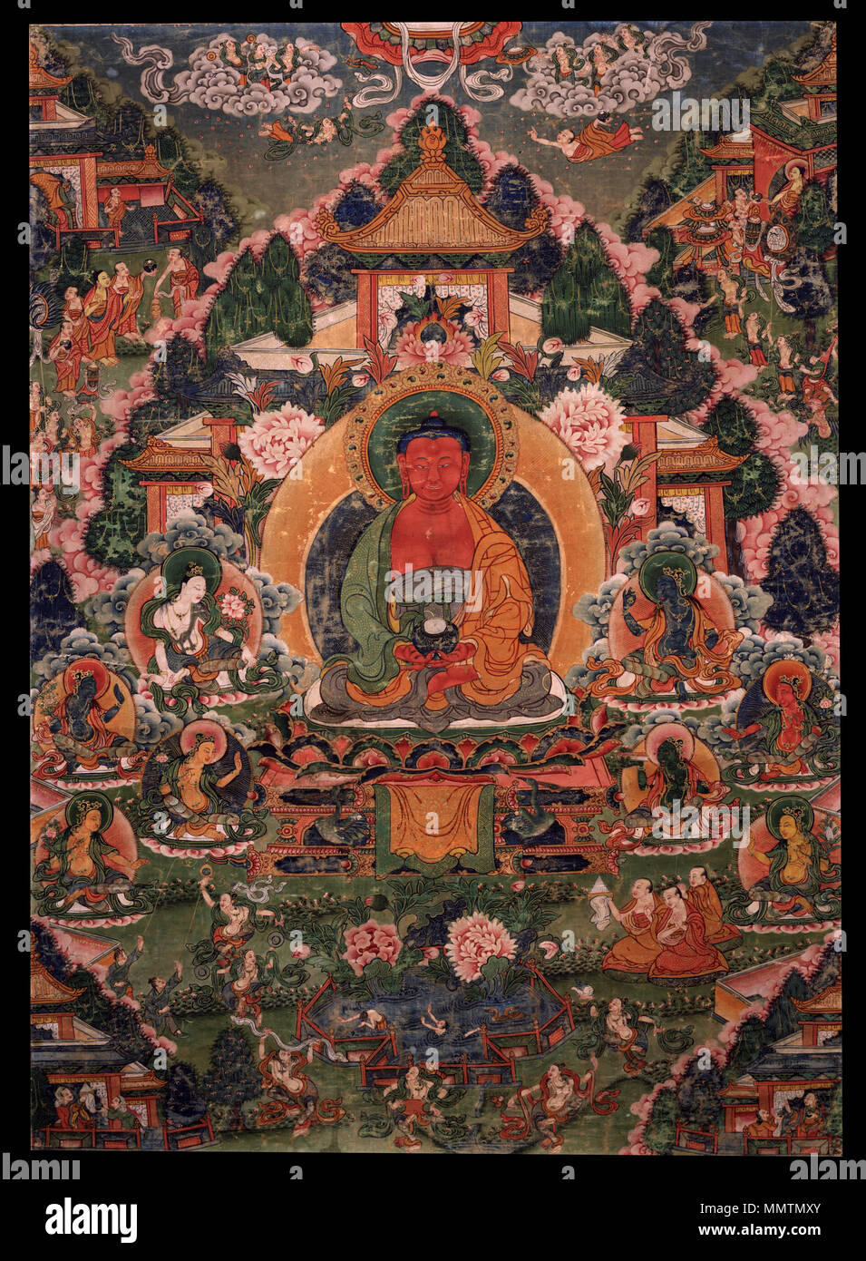. English: Buddha Amitabha in His Pure Land of Suvakti, Central Tibet. 18th century; Ground mineral pigment on cotton, 73.66x53.34cm (29x21in). Rubin Museum of Art, C2006.66.307HAR701. Amitabha, Buddha residing in the pureland of Sukhavati with the 8 great bodhisattvas seated at the sides.  . 18th century. Unknown Buddha Amitabha in His Pure Land of Suvakti Stock Photo