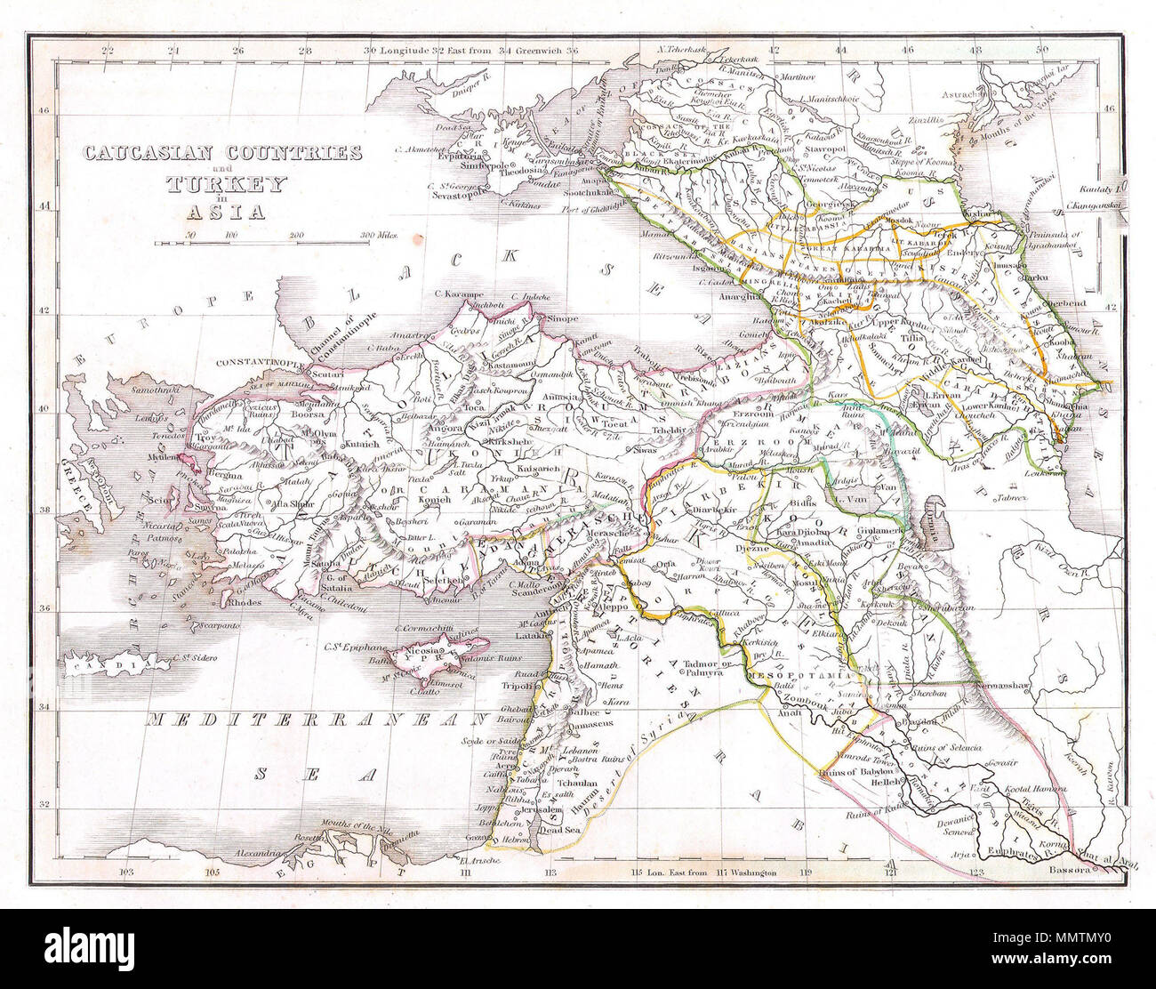 .  English: This unusual map depicts the Asian portions of Turkey, the Black Sea, the Caucuses (Georgia, Azerbaijan, and Armenia), and what is today Israel/Palestine, Jordan, Syria, Lebanon, and Iraq.  Caucasian Countries and Turkey in Asia.. 1835. 1835 Bradford Map of Turkey in Asia and the Caucases - Geographicus - TurkeyAsia-bradford-1835 Stock Photo
