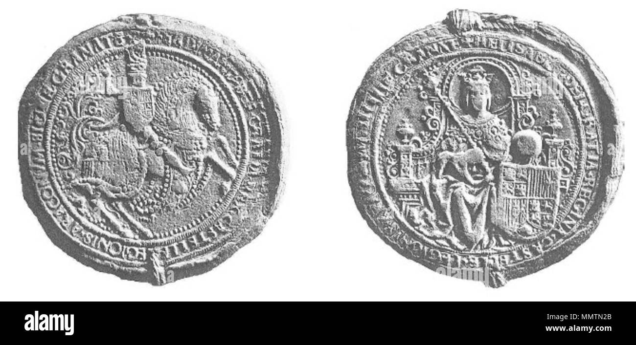 . English: Ferdinand II of Aragon and Isabella of Castile  . Ferran de Sagarra Bula Stock Photo
