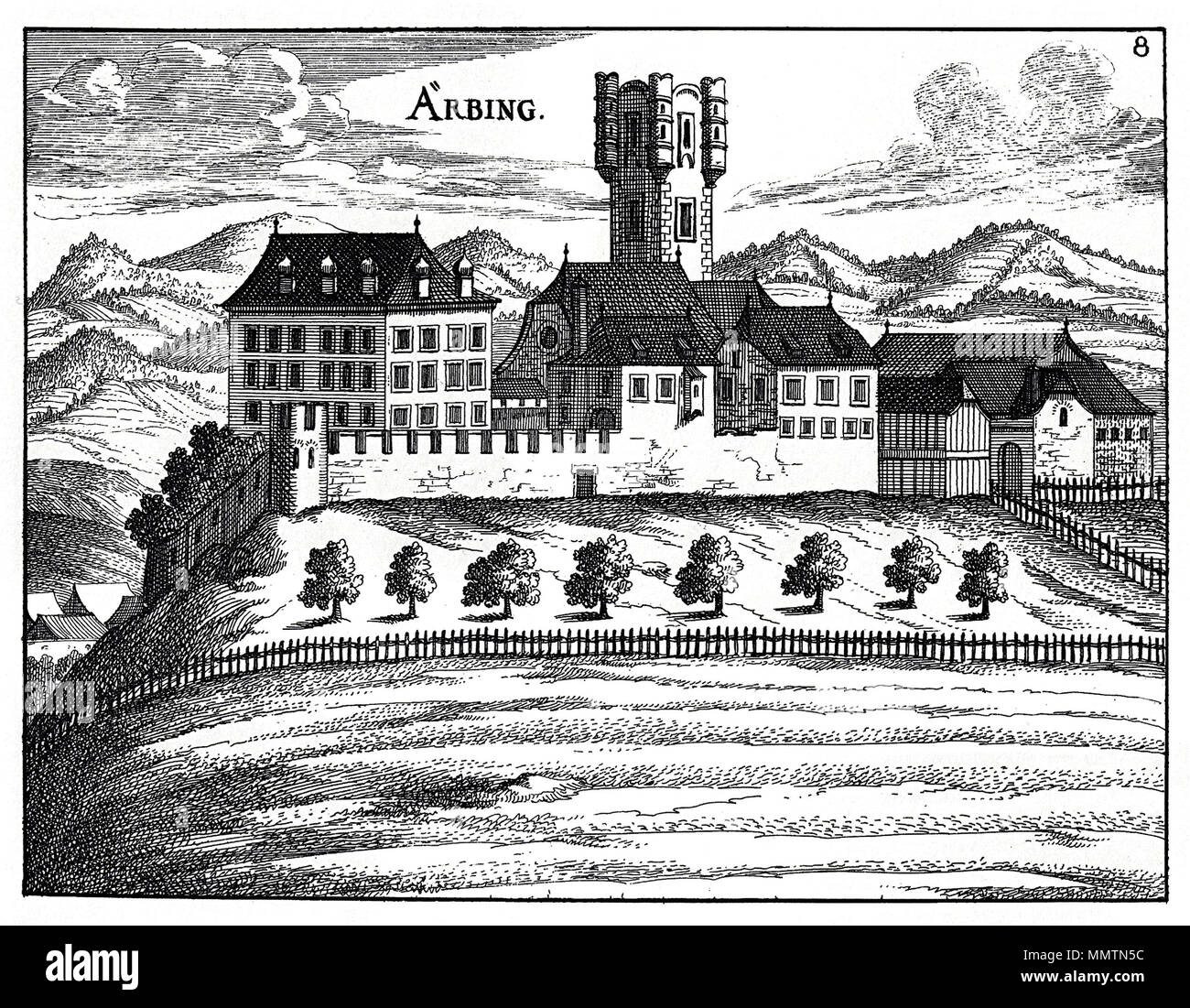 . Deutsch: Kupferstich der Burg Arbing    This media shows the protected monument with the number 18394 in Austria. (commons, de) Burg Arbing (Vischer) Stock Photo