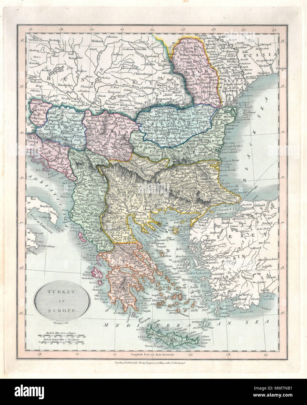 .  English: This is a hand colored 1836 map of Greece & the Balkans under the rule of Turkey by John Cary. Includes the modern day states of Greece, Albania, Moldova, Bosnia, Croatia, Serbia, Bulgaria & Romania. Published from Cary's office at 181 Strand Street, London.  Turkey in Europe. 1836. 1836 Cary Map of Greece and the Balkans - Geographicus - TurkeyinEurope-cary-1836 Stock Photo
