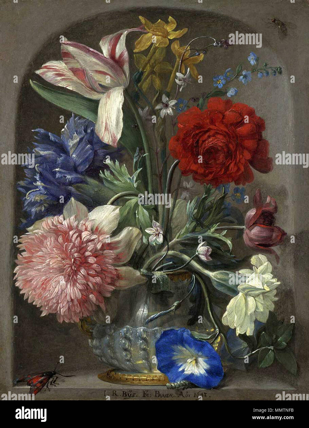 English: Flowers in a vase in a stone niche Deutsch: Blumenstrauss in einer  Steinnische . 1693. Byss Stock Photo - Alamy