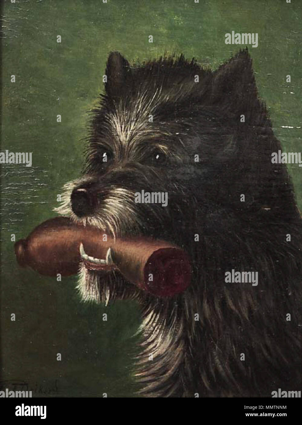 Hundeporträt mit Wurst im Maul. 19th century. C F Deiker Hund mit Wurst  Stock Photo - Alamy