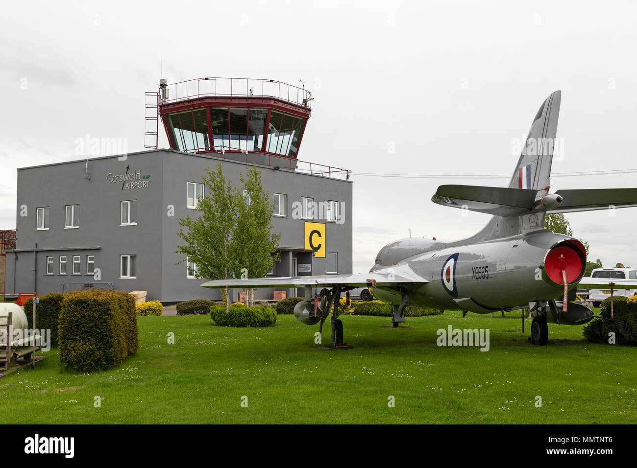 The control tower at Cotswold Kemble Airport in Gloucestershire, England. Stock Photo