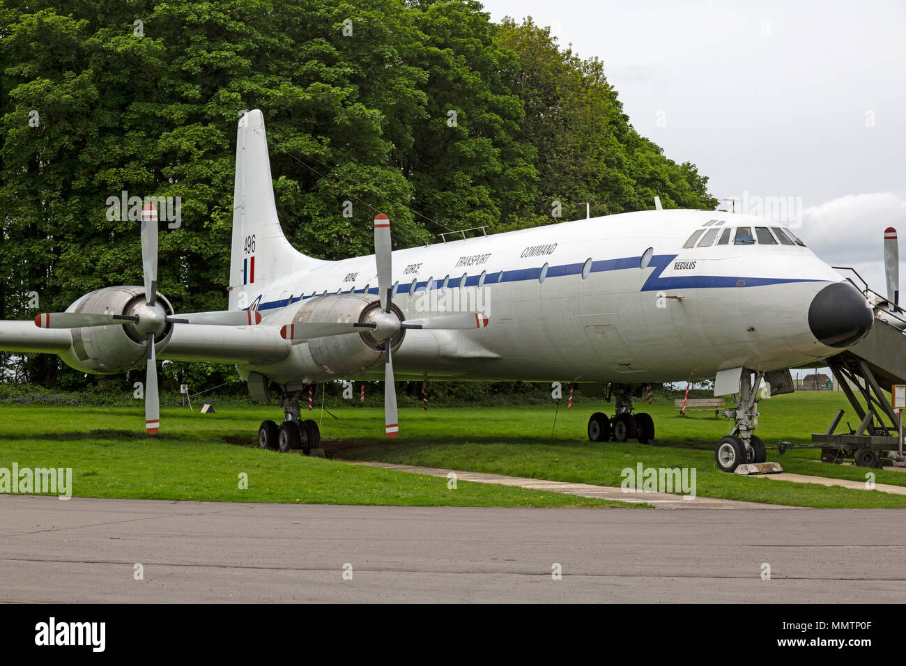 Bristol Britannia C.1, XM496, of Royal Air Force Transport Command, preserved at Cotswold Kemble Airfield in England, a former Royal Air Force base. Stock Photo