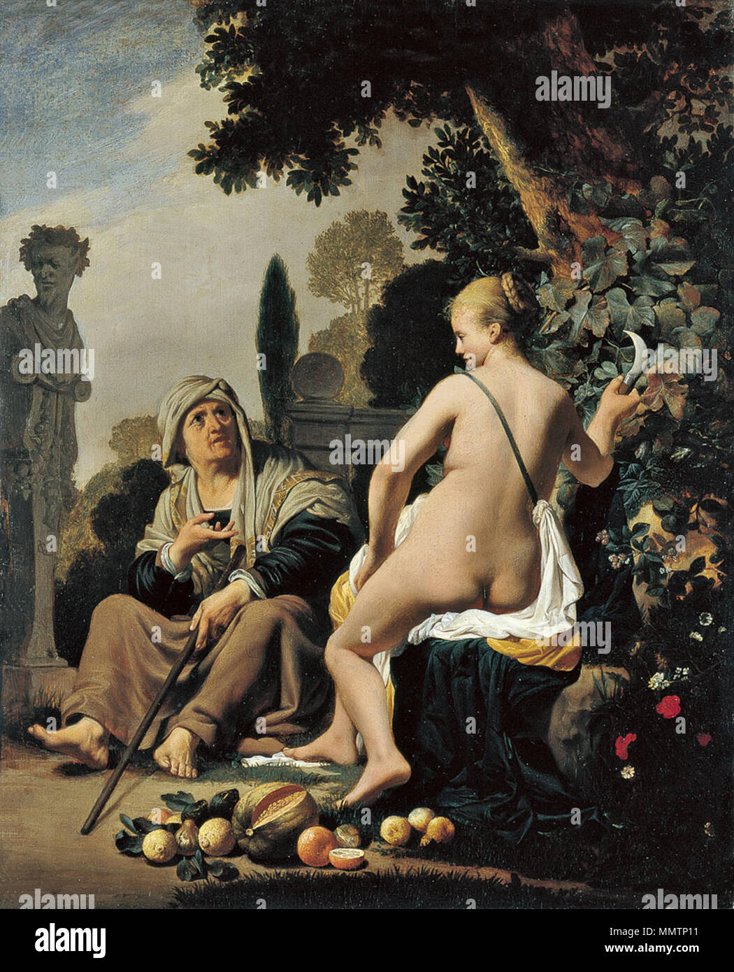 . Español: Vertumno y Pomona, óleo sobre tabla, 47,9 x 38,9 cm, Madrid, Museo Thyssen Bornemisza  . 17th century.   Caesar van Everdingen  (1616/1617–1678)     Alternative names Cesar Boetius van Everdingen, Boetius van Everdingen, Caesar Bovetius van Everdingen, Cesar Bovetius van Everdingen, Caesar Pietersz. van Everdingen, Cesar Pietersz. van Everdingen, Ceser van Everdingen, Cesar van Everdingen, Caesar Bovesis  Description Dutch painter, draughtsman and ornamental painter  Date of birth/death circa 1616-1617 13 October 1678 (buried)  Location of birth/death Alkmaar (?) Alkmaar  Work locat Stock Photo