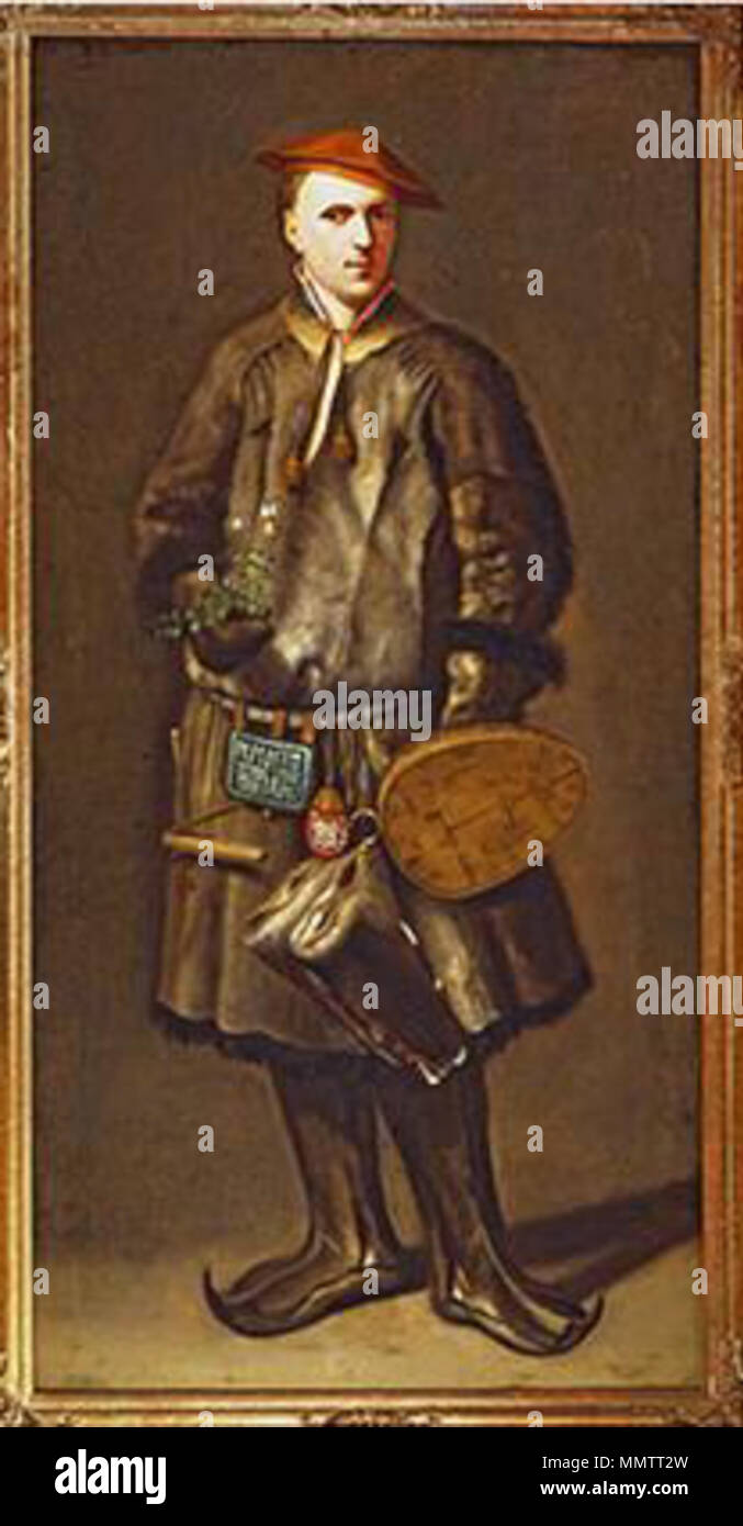 .  English: CAROLUS LINNAEUS e Lapponia Redux Aetat. 30 anno 1737 (Written on the drum he is holding). Lifesize portrait of Linnaeus in laplander costume painted at the Hartecamp, home of George Clifford, where he stayed for 2 years: 1 x 2 meters tall. He is holding the plant that Jan Frederik Gronovius named after him: Linnaea borealis.  . 1737. Carl linnaeus boerhaave museum Stock Photo