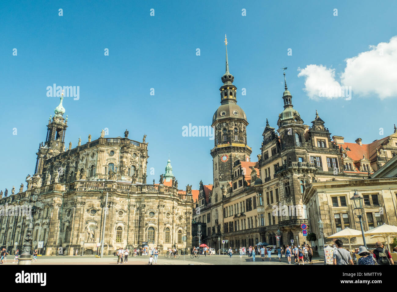 Cathedral (Left) in Dresden, Germany, as seen from Theaterplatz. Stock Photo