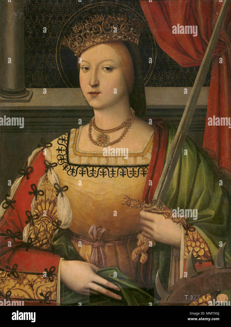 .  Español: La obra muestra a la reina Catalina de Austria (1507-1578), que fue hija de la reina Juana I de Castilla y de Felipe el Hermoso y reina consorte de Portugal por su matrimonio con el rey Juan III de Portugal, como la mártir Santa Catalina de Alejandría. English: Catherine of Austria, Queen of Portugal, daughter of King Felipe I of Spain, and Infanta Juana of Spain (Juana la Loca), wife of King João III of Portugual, mother of Prince João Manuel of Portgual.  Catalina de Austria, reina de Portugal, como Santa Catalina. 16th century. Catalina de Austria, reina de Portugal, como Santa  Stock Photo