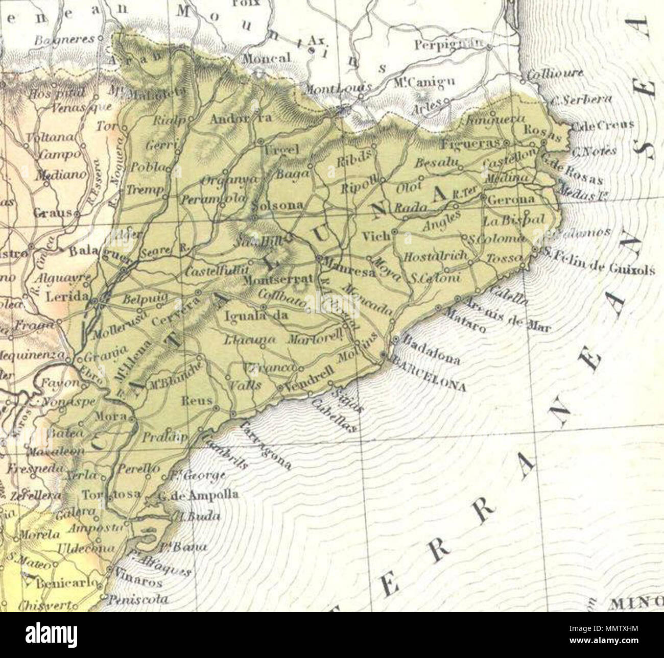 English: This hand colored map is a copper plate engraving, dating to 1850,  by the legendary American mapmaker S. A. Mitchell, the elder. It represents  Spain and Portugal. Includes the Balearic