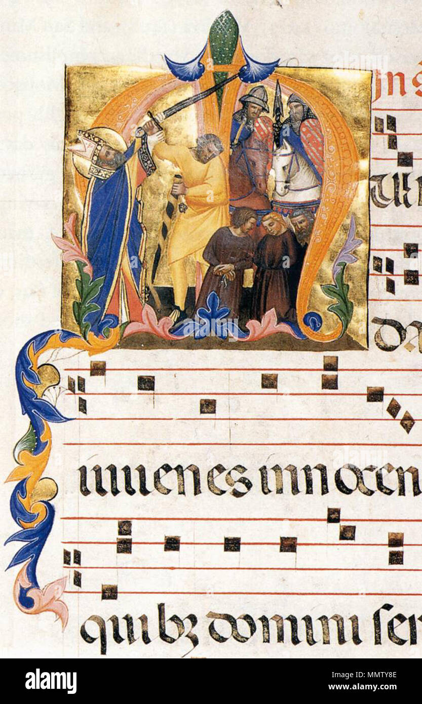 . In an initial M on folio 27v the scene St Nicholas of Bari Staying the Execution of Three Young Men is depicted. At the left St Nicholas seizes the arm and upraised sword of the executioner, while the three condemned youths kneel before two armed horsemen at the right.  English: Antiphonary (Folio 27v) . 1370s. Cenni Di Francesco Di Ser Cenni - Antiphonary (Folio 27v) - WGA04645 Stock Photo