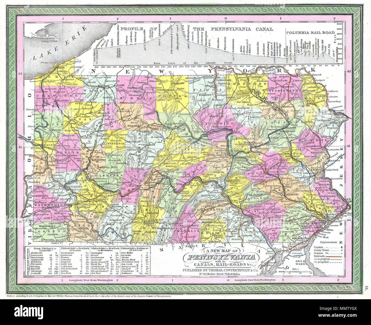 .  English: This hand colored map is a copper plate engraving, dating to 1850 by the legendary American Mapmaker S.A. Mitchell, the elder. It represents Pennsylvania. Contains notes on steamboat stops and routes between Pittsburg and Louisville, Philadelphia and New York both via Trenton and via Bordentown, and from Philadelphia to Baltimore via New Castle. Upper portion of the map is dedicated to a profile of the Pennsylvania Canal and the Columbia Railroad. This historically important map is extremely rare as it existed only in the 1850 edition of the Mitchell’s Universal Atlas.  A New Map o Stock Photo