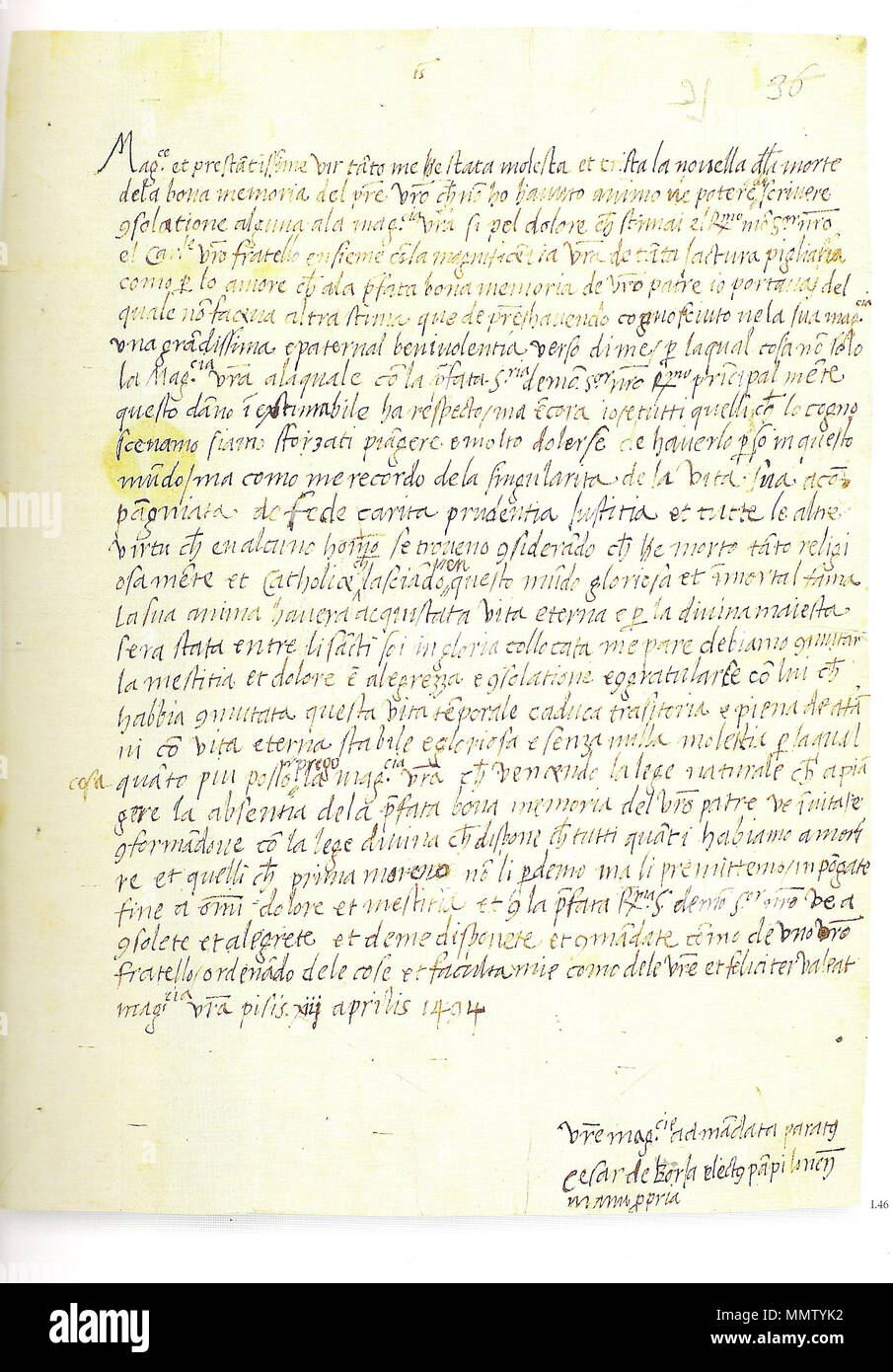 . English: Letter from Cesare Borgia to Piero de Medici  . 16th century. Cesare Borgia Cesareborgiaapierodemed Stock Photo