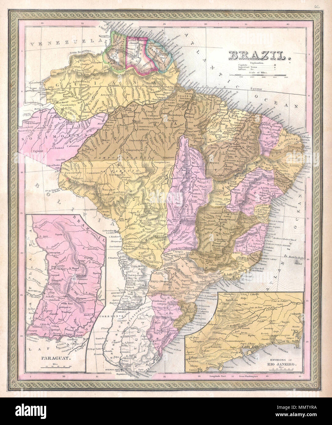 .  English: A fine and rare 1849 S. A. Mitchell Sr. map of Brazil and Paraguay. Map depicts the eastern part of South American including the Guianas, Brazil ( Brasil ) and Paraguay. Features impressive detail of the amazon basin and the interior of Brazil. Inset of the Environs of Rio de Jenario at the bottom right. Inset of Paraguay at the bottom left.  Brazil.. 1850. 1850 Mitchell Map of Brazil, Paraguay and Guiana - Geographicus - Brazil-m-1849 Stock Photo