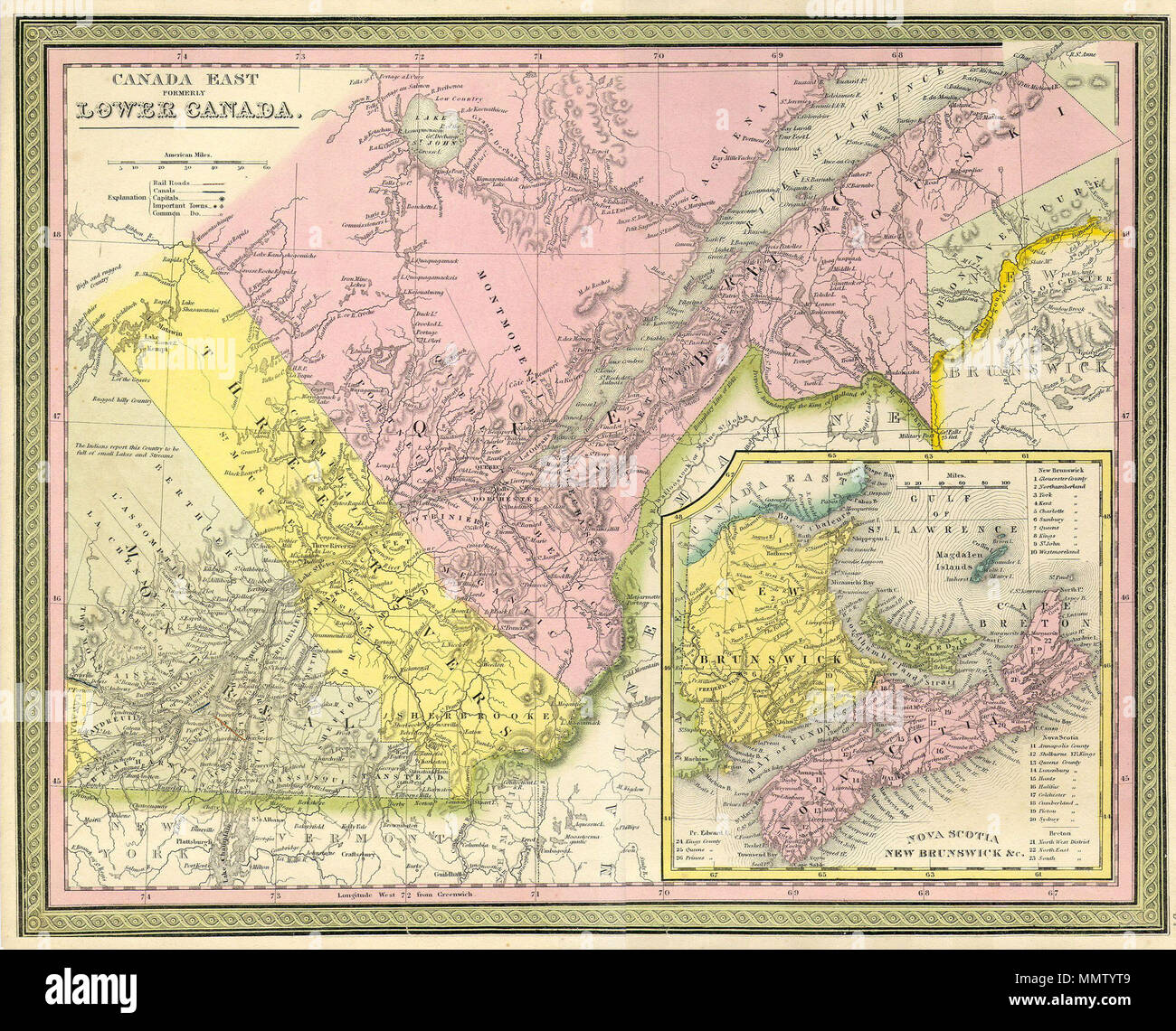 .  English: This stunning map is a copperplate engraving depicting Quebec or Eastern Canada. Includes the provinces of Quebec, New Brunswick, Prince Edward Island, and Nova Scotia.  Canada East formerly Lower Canada. 1850. 1850 Mitchell Map of Eastern Canada including Quebec - Geographicus - CanadaQuebec-c-50 Stock Photo