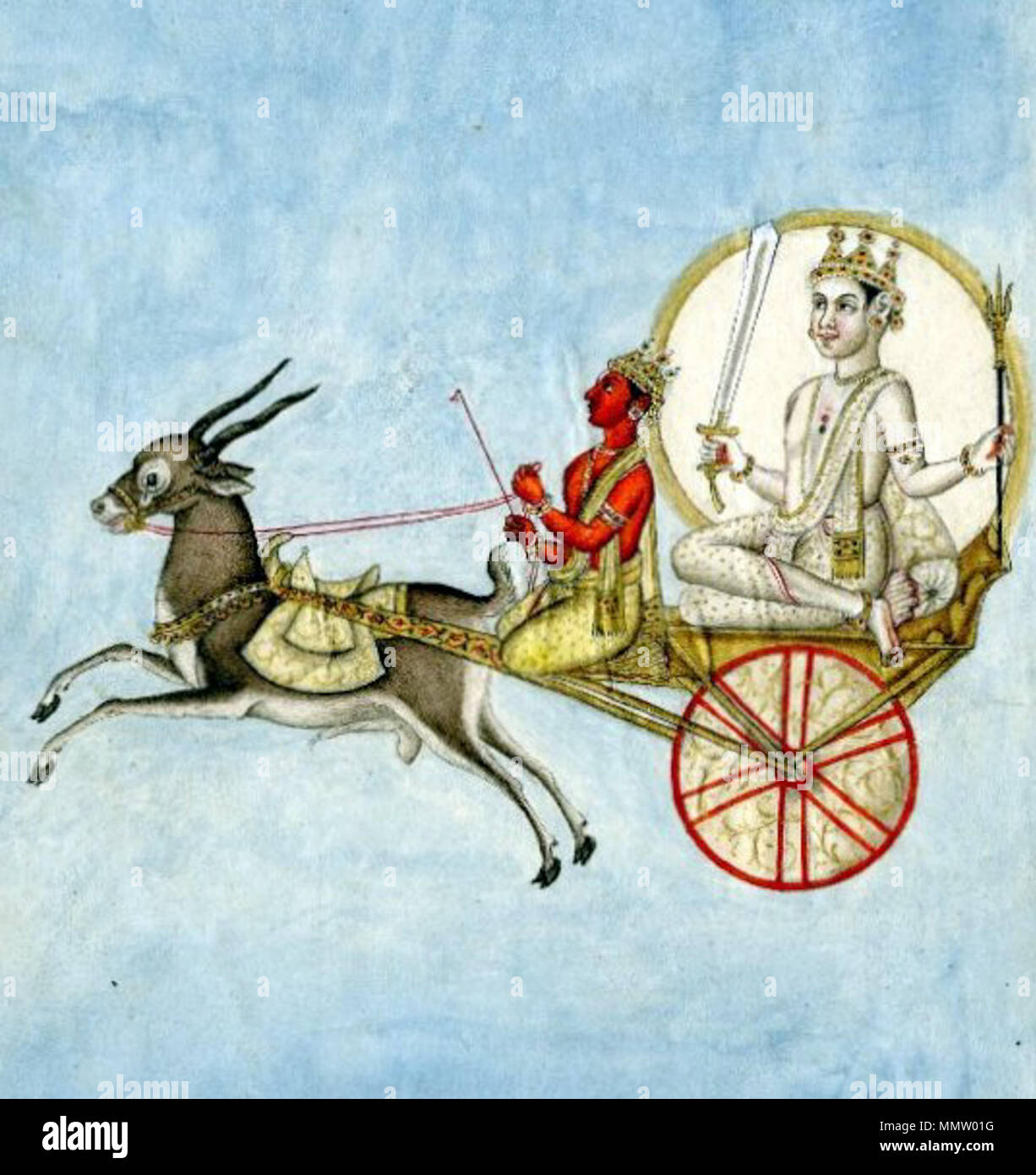 . English: 'Figure with sword and trisula, in antelope chariot, with caption, Chandra, the moon. Water-colour on paper.'  . 19th century. Unknown Chandra on chariot Stock Photo