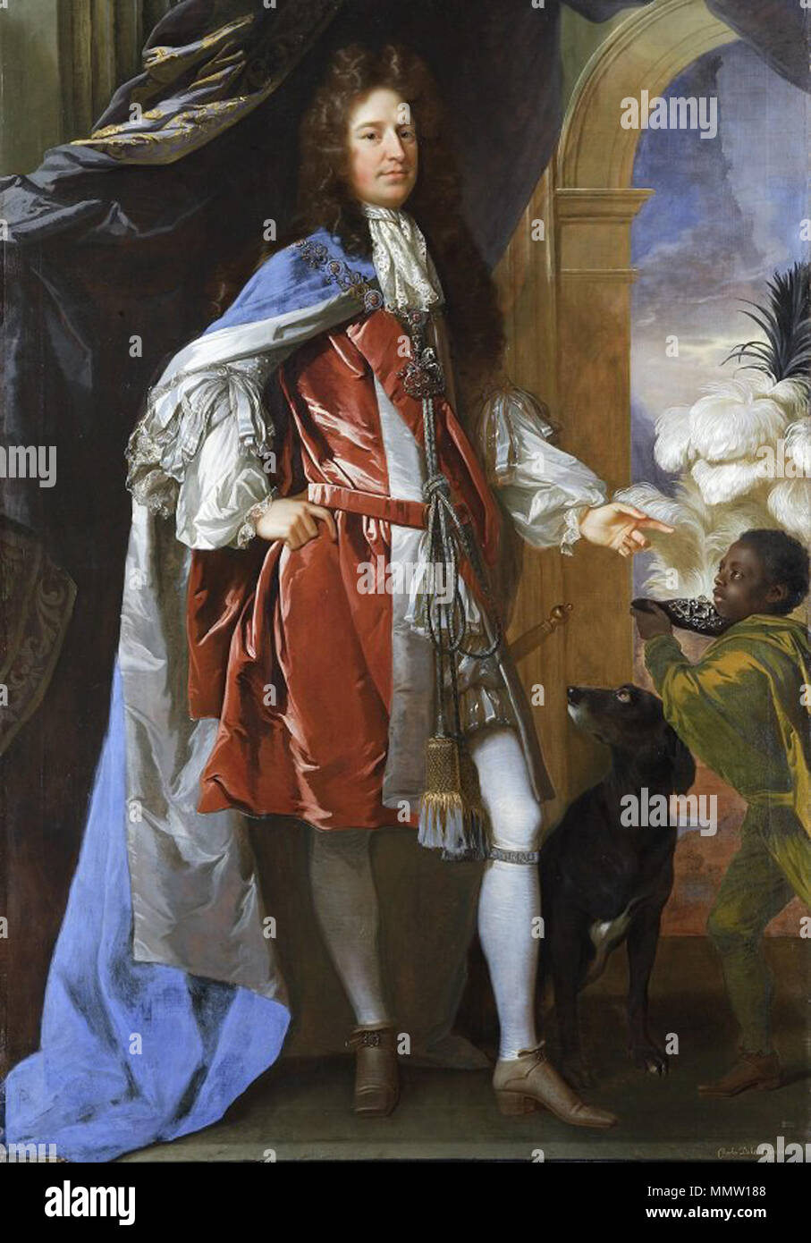 .  English: Charles Seymour, 6th Duke of Somerset, KG, (1662–1748), of Petworth House, with a black pageboy. On his left leg he displays The Garter. Collection of National Trust, Petworth House, Sussex, accepted by HM Treasury, 1956, in lieu of death duties on the estate of Charles Henry Wyndham, 3rd Lord Leconfield, of Petworth House; transferred to the National Trust  . circa 1690–1692. CharlesSeymour 6thDukeOfSomerset ByJohn Closterman PetworthHouse Stock Photo