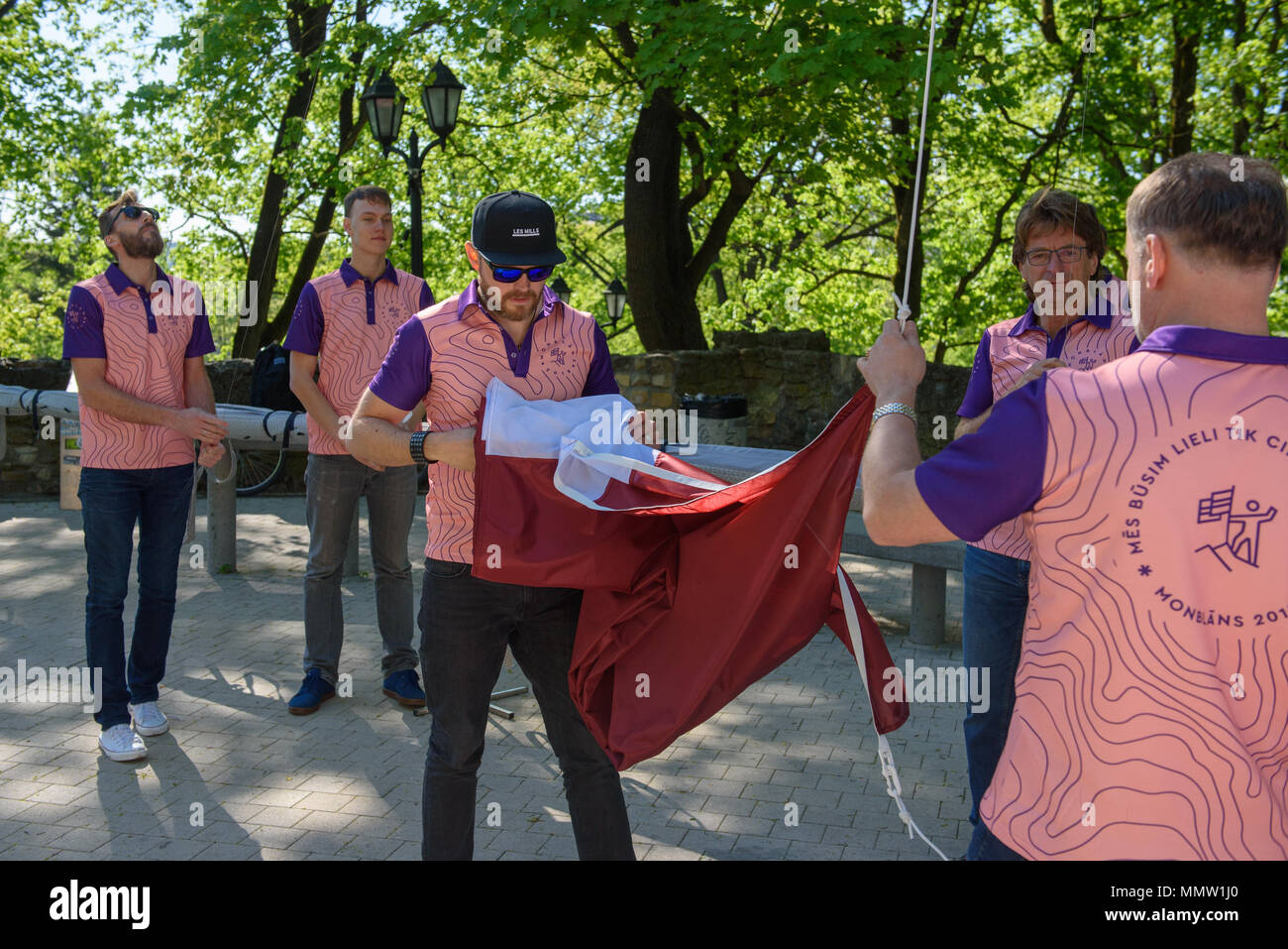 11.05.2018. RIGA, LATVIA. Presentation of Latvian group, which want to reach highest European mountain MontBlanc with huge flag of Latvia and hang it  Stock Photo