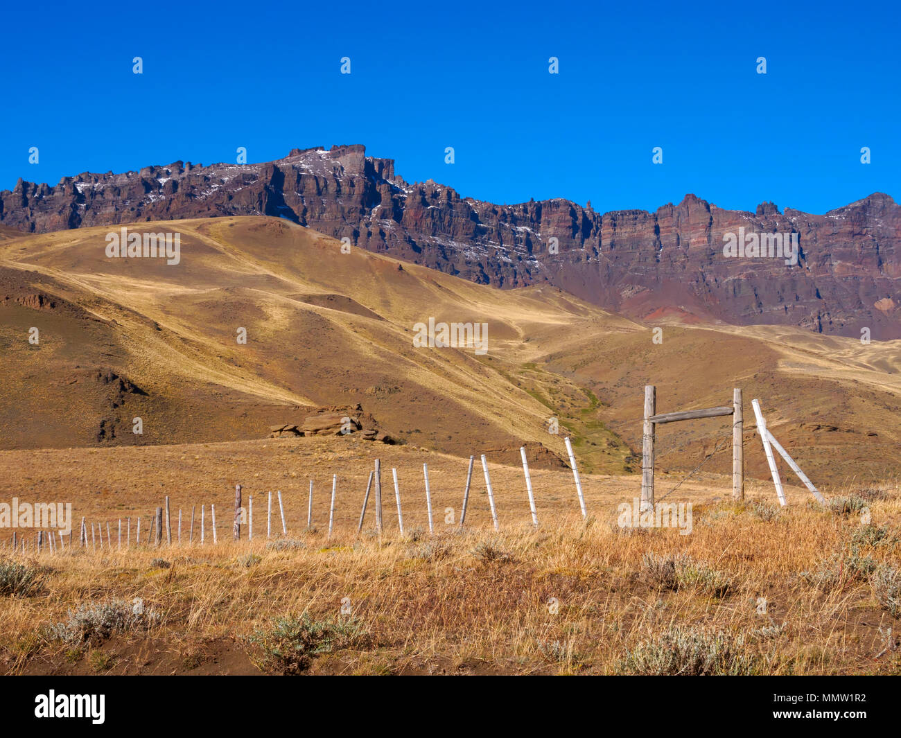 Estancia Baguales and Sierra Baguales, Patagonia, Chile. The remote ranch is located in the valley of Rio Baguales, near the border with Argentina. Stock Photo