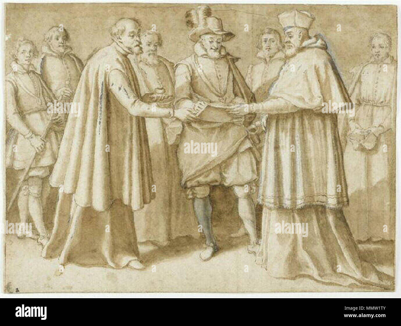 Français : Henri IV signant la ratification de son abjuration . 17th century. Chimenti - Henri IV signant la ratification de son abjuration Stock Photo