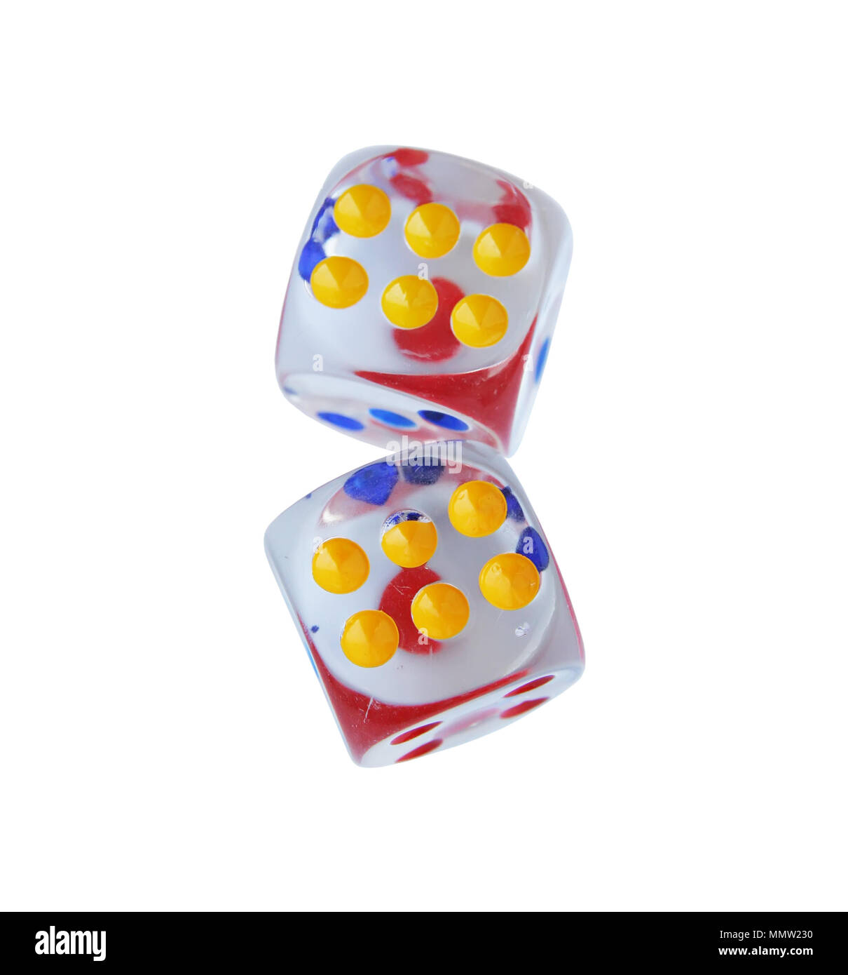 Transparent dices. Colorful dices. Glass made dices. Stock Photo