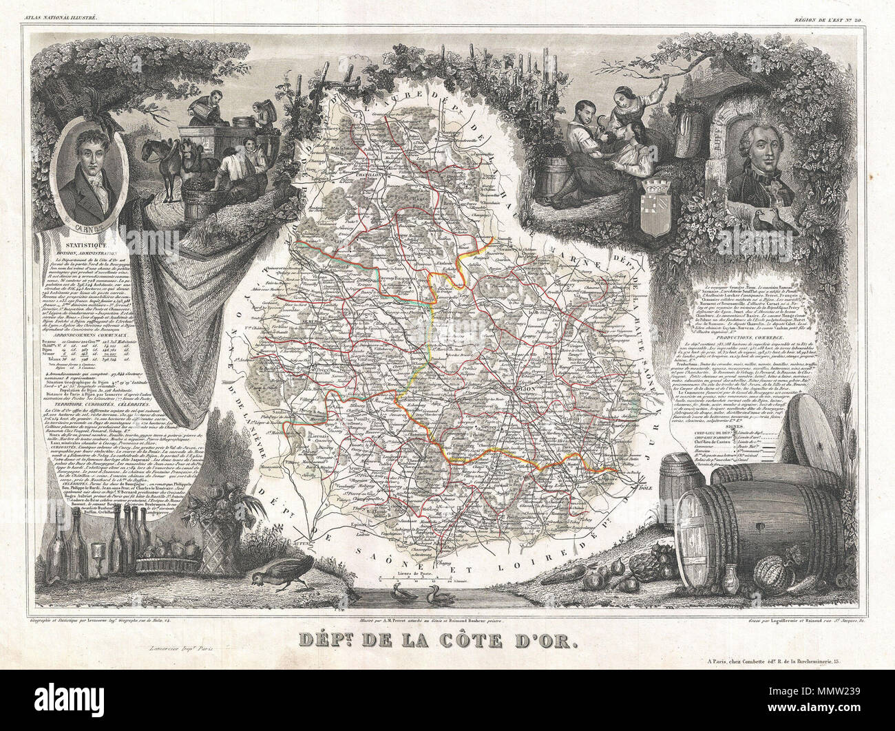 .  English: This is a fascinating 1857 map of the French department of Cote D’Or, France. Part of France's Burgundy or Bourgogne wine region, a premier wine-growing region of France. It produces what are arguably the world’s finest, and most expensive Pinot noir and Chardonnay wines. The whole is surrounded by elaborate decorative engravings designed to illustrate both the natural beauty and trade richness of the land. There is a short textual history of the regions depicted on both the left and right sides of the map. Published by V. Levasseur in the 1852 edition of his Atlas National de la F Stock Photo