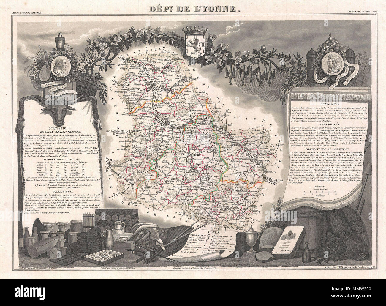 .  English: This is a fascinating 1852 map of the French department of L'Yonne, France. L'Yonne is of France's premier Burgundy wine region and produces some of the worlds finest reds. Yonne is also one of only two departments that produce Chaource cheese. Chaource is a cow's milk cheese, cylindrical in shape. The central pâte is soft, creamy in color, and slightly crumbly, and is surrounded by a white penicillium candidum rind. The whole map is surrounded by elaborate decorative engravings designed to illustrate both the natural beauty and trade richness of the land. There is a short textual  Stock Photo