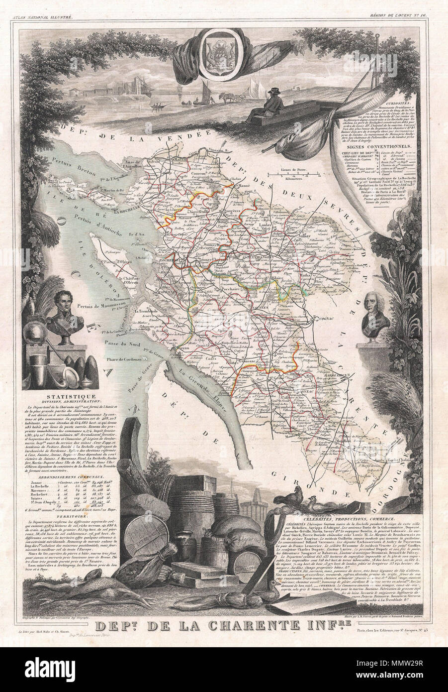 .  English: This is a fascinating 1852 map of the French department of Charente Inférieure (Charente Maritime), France. Charente Maritime is a coastal province border Charente, Dordogne, and Gironde (Bordeaux). It is best known as the producer of the world's finest Cognacs. The map proper is surrounded by elaborate decorative engravings designed to illustrate both the natural beauty and trade richness of the land. There is a short textual history of the regions depicted on both the left and right sides of the map. Published by V. Levasseur in the 1852 edition of his Atlas National de la France Stock Photo