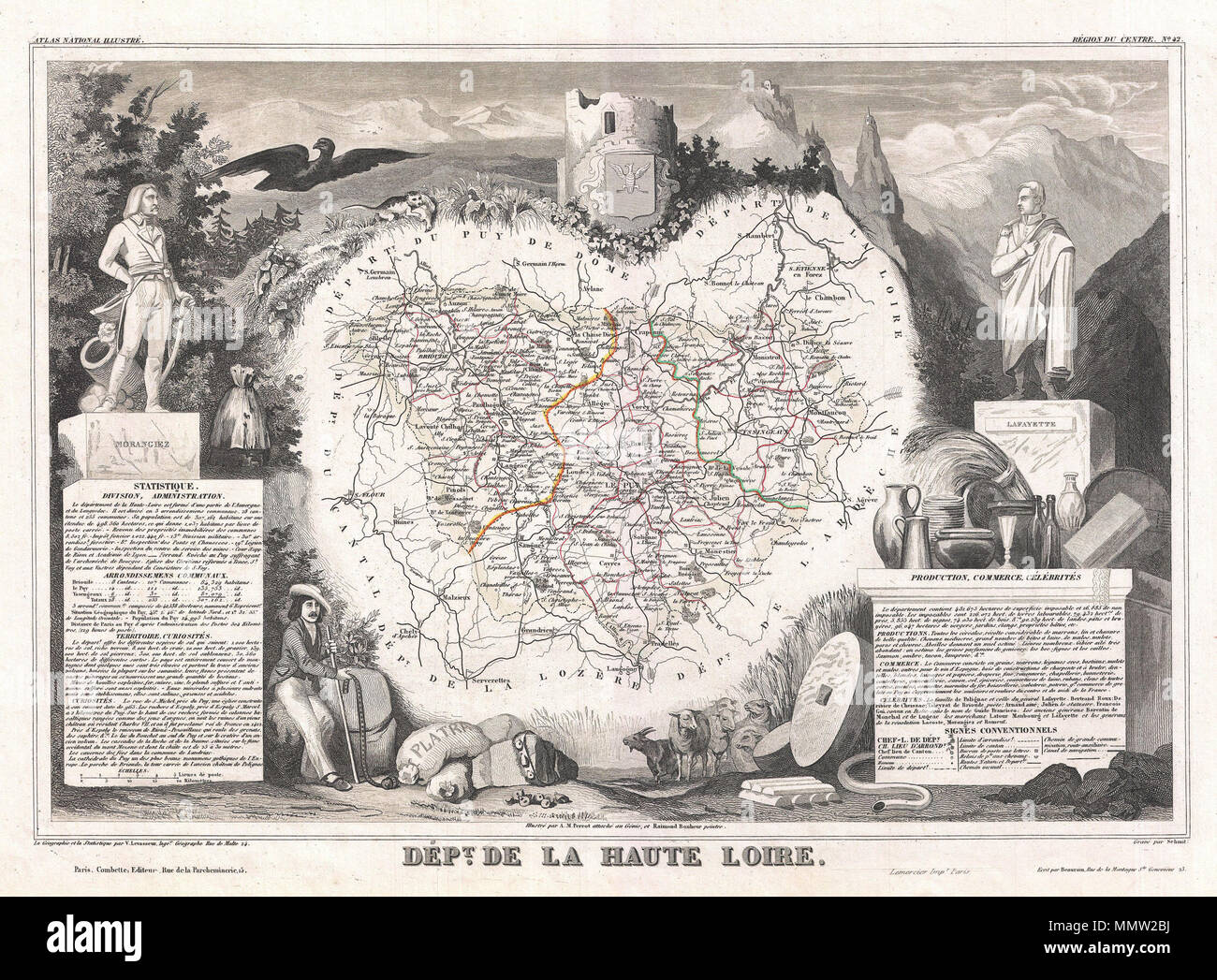 .  English: This is a fascinating 1852 map of the French department of Haute Loire, France. This area of France is part of the Loire Valley wine growing region. It is also known for its production of a number of cheeses, including Bleu d'Auvergne, Cantal, Fourme d'Ambert and Saint-Nectaire. The map proper is surrounded by elaborate decorative engravings designed to illustrate both the natural beauty and trade richness of the land. There is a short textual history of the regions depicted on both the left and right sides of the map. Published by V. Levasseur in the 1852 edition of his Atlas Nati Stock Photo