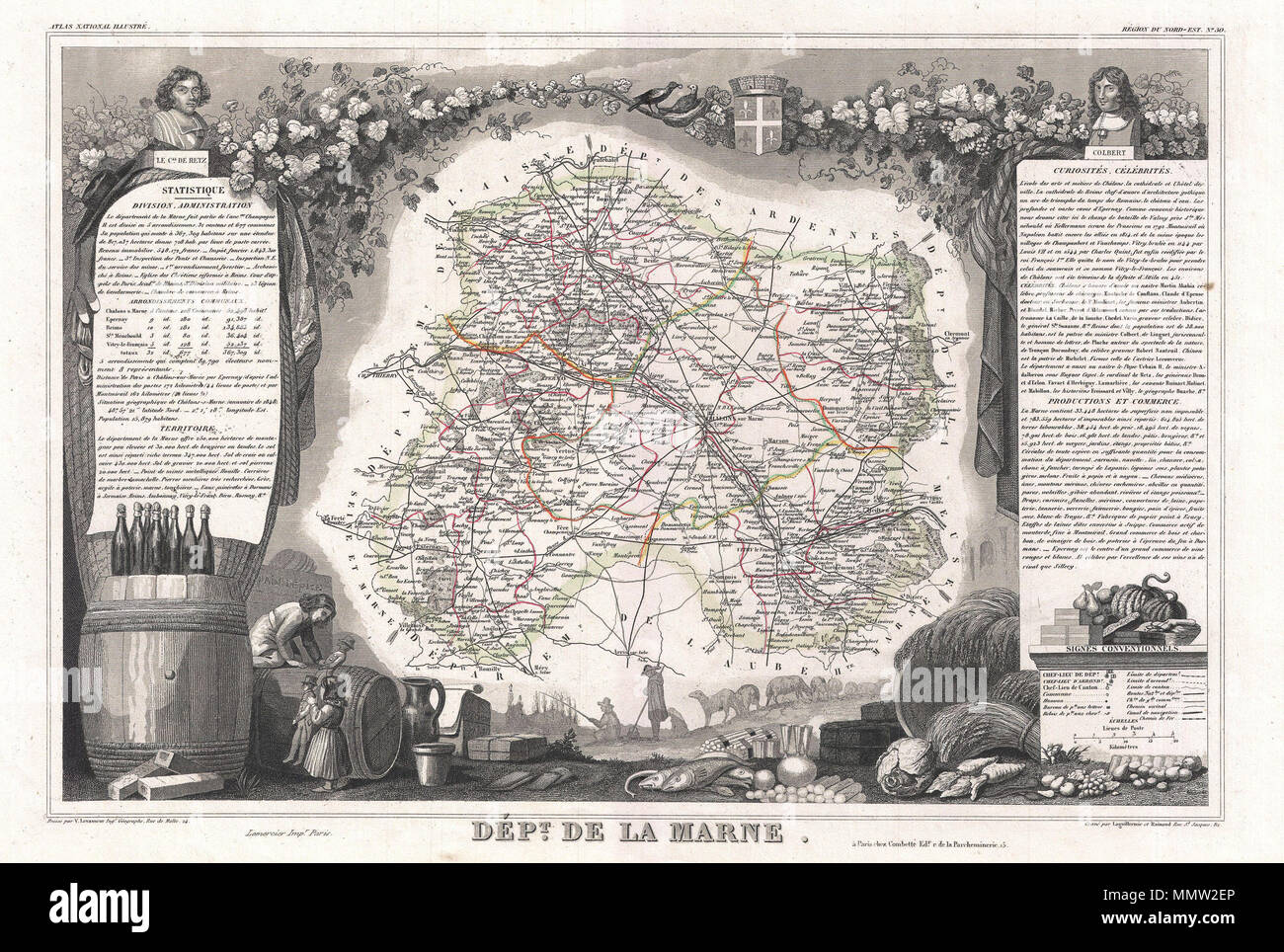 .  English: This is a fascinating 1852 map of the French department of Marne, France. This department is home to the Champagne region where the world's finest sparkling wine is produced. The map proper is surrounded by elaborate decorative engravings designed to illustrate both the natural beauty and trade richness of the land. There is a short textual history of the regions depicted on both the left and right sides of the map. Published by V. Levasseur in the 1852 edition of his Atlas National de la France Illustree. Français : Plan de V. Levasseur en 1852 dans Atlas National de la France Ill Stock Photo