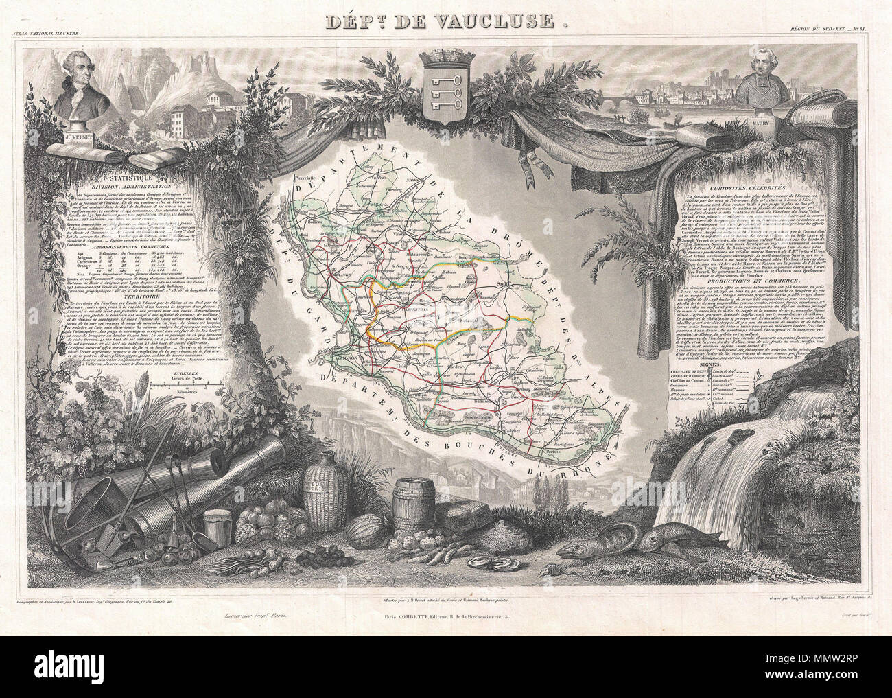 .  English: This is a fascinating 1852 map of the French department of Vaucluse, France. Vaucluse is the center of wine production in the southern Rhone. Some of the smartest wines in France can be found here. There is also a very strong movement towards the adoption of organic and biodynamic viticulture and natural wine making. The area includes the Cotes du Rhone, Luberon, and Gigondas wine appellations, just to name a few. The map proper is surrounded by elaborate decorative engravings designed to illustrate both the natural beauty and trade richness of the land. There is a short textual hi Stock Photo