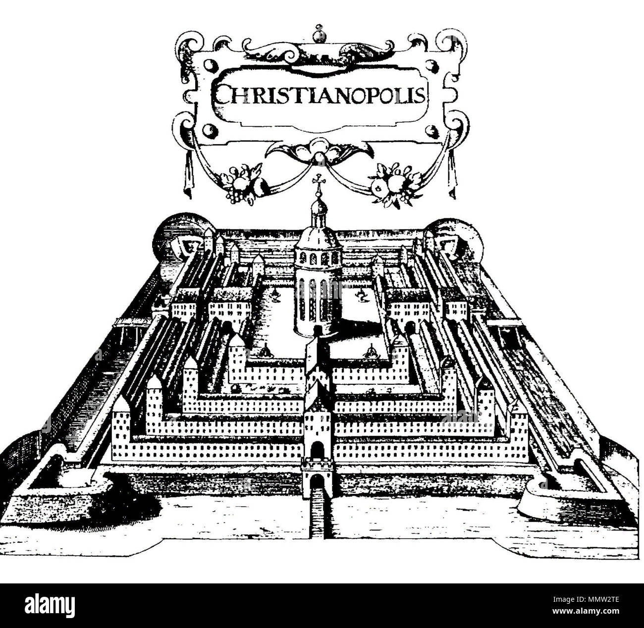 . Deutsch: Visualisierung der Idealstadt Christianopolis aus Johann Valentin Andreaes Reipublicae Christianopolitanae descriptio. Argentorati 1619 Christianopolis Stock Photo