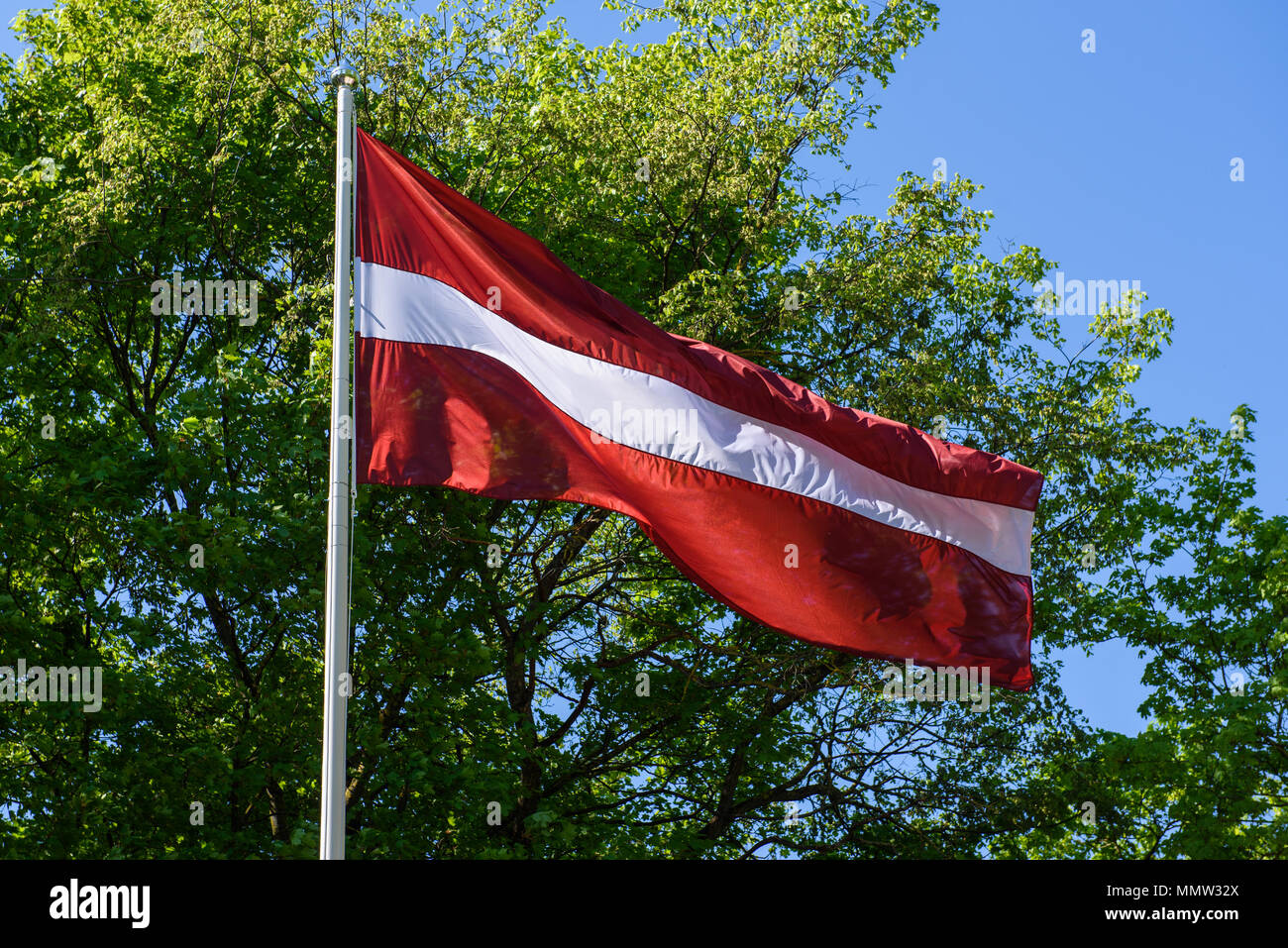 11.05.2018. RIGA, LATVIA. Presentation of Latvian group, which want to reach highest European mountain MontBlanc with huge flag of Latvia and hang it  Stock Photo