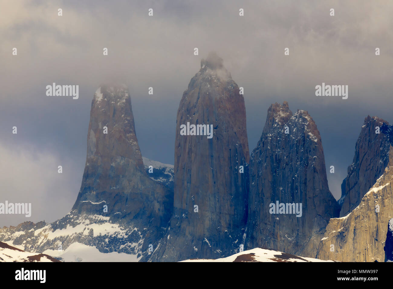 Stormy weather blows across the towers of Torres del Paine, Patagonia