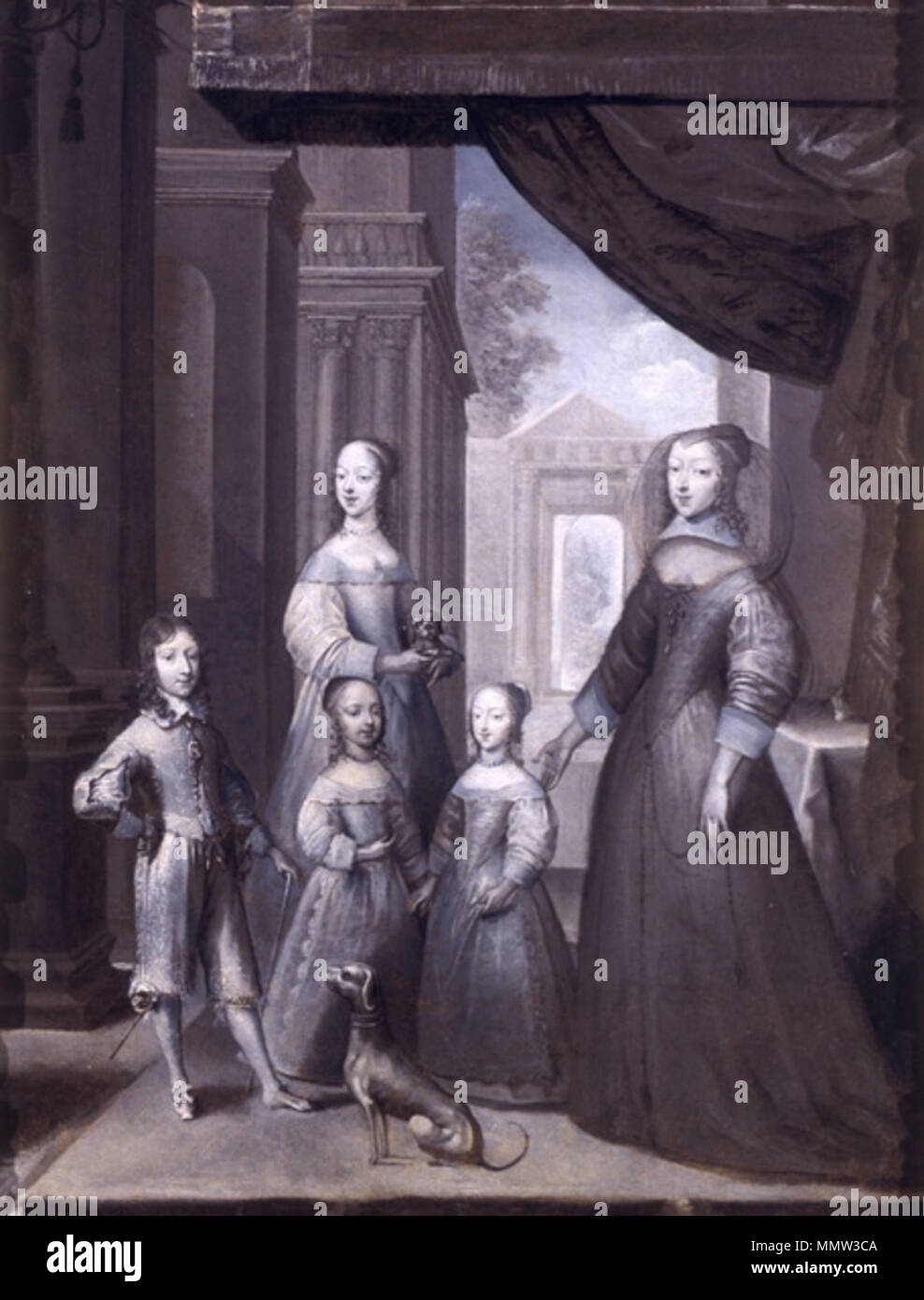 . English: Portrait of Christine of France with her children Ludovica, Adelaide Henrietta, Margherita Iolanda, and Charles Emmanuel; Museo Civico d'Arte Antica  . 17th century. Unknown Chrstine of France with her children Stock Photo