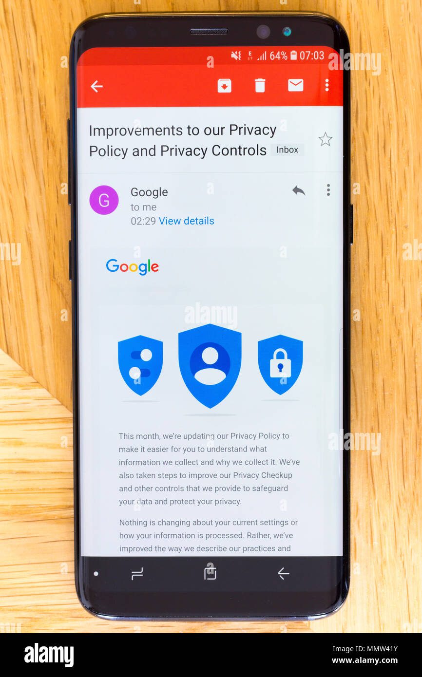 A smartphone screen showing Gmail's new privacy policy and privacy controls, introduced for the new EU General Data Protection Regulation (GDPR) Stock Photo