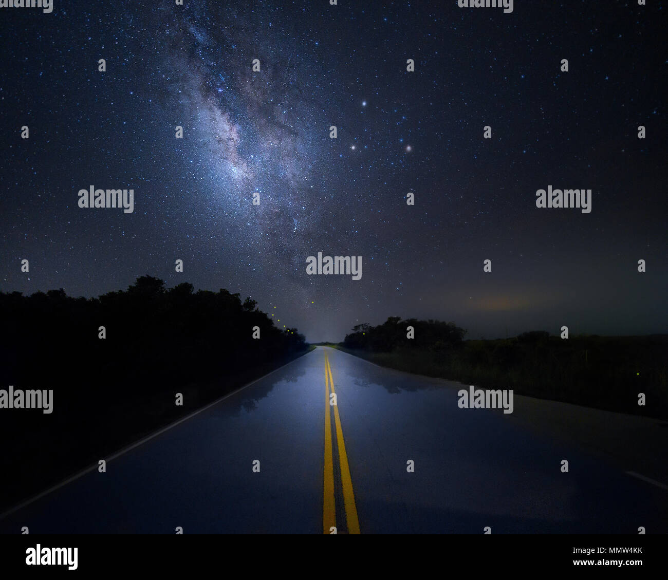 The Scenic Road at Everglades National Park seems to lead right into the Milky Way Galaxy. Several flashing lighting bugs also appear in the photo. Stock Photo