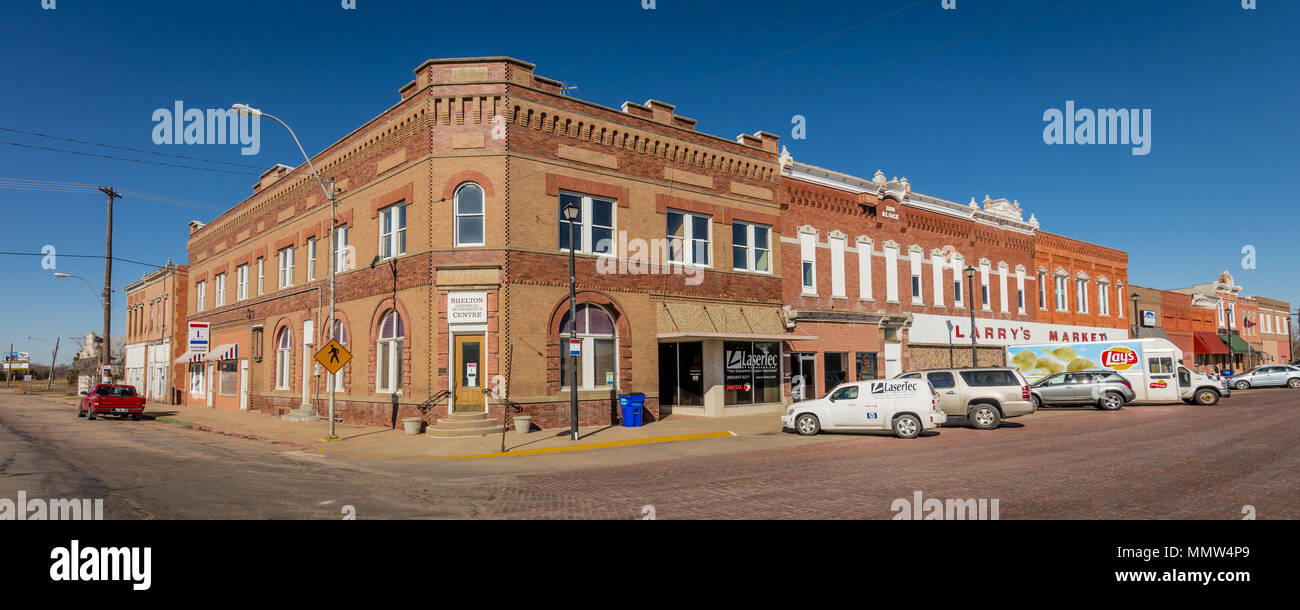 Shelton, Nebraska, red brick small townfront Main Street USA Stock