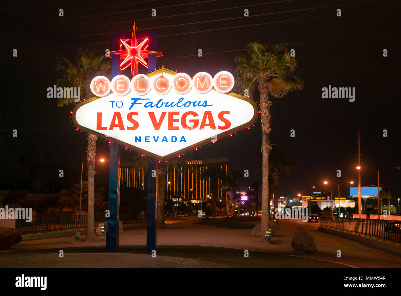 Famous Las Vegas sign at night in Las Vegas city, Nevada, USA Stock