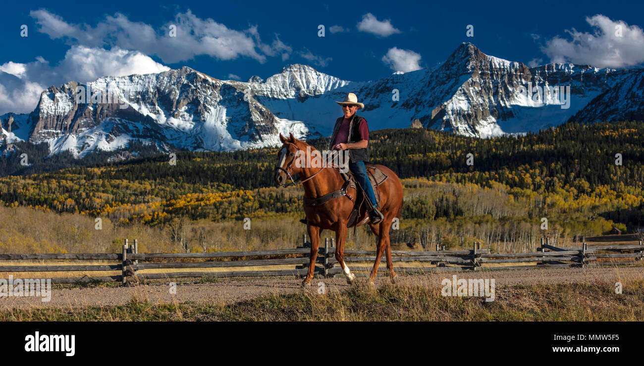 OCT 4, 2017, RIDGWAY COLORADO Cowboy rides across historic Last