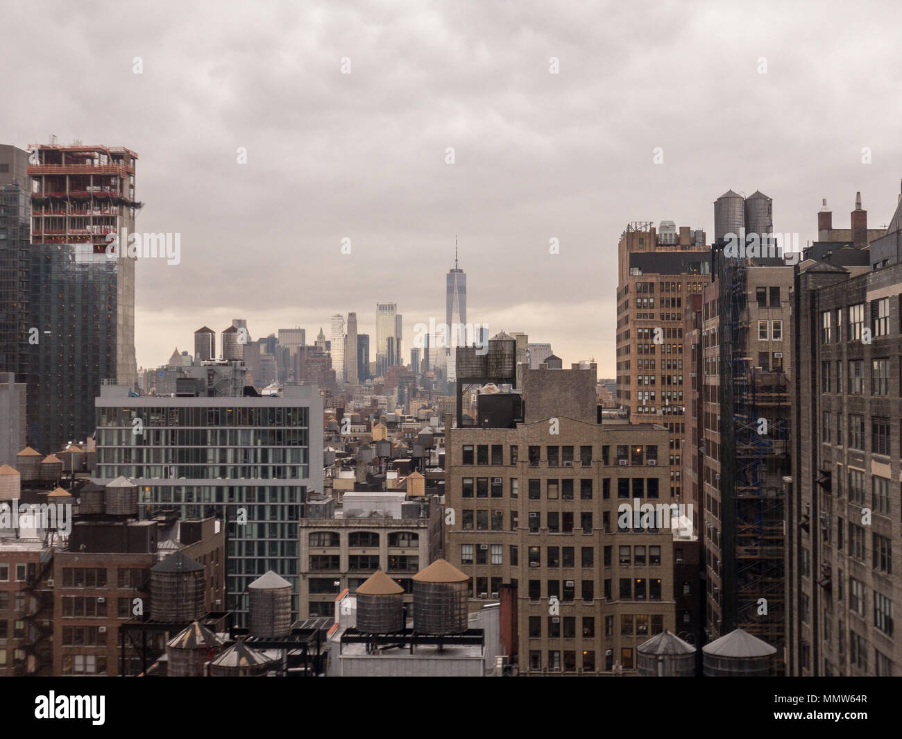 Aerial view of downtown Manhattan from Midtown in Manhattan, New York ...