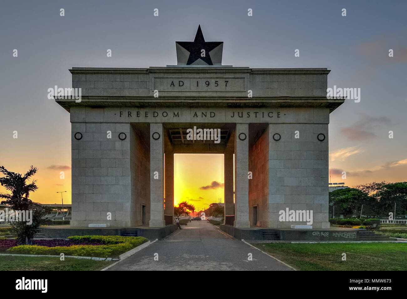 The Independence Arch of Independence Square of Accra, Ghana at sunset. Inscribed with the words 'Freedom and Justice, AD 1957', commemorates the inde Stock Photo