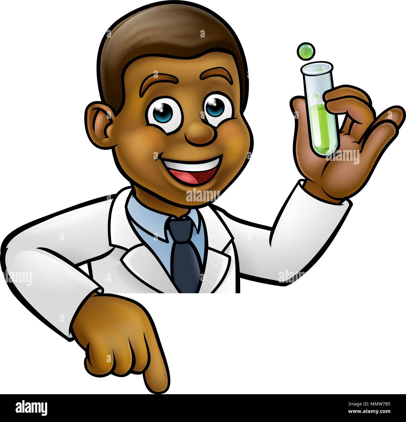 Cartoon Scientist Holding Test Tube Pointing Sign Stock Vector