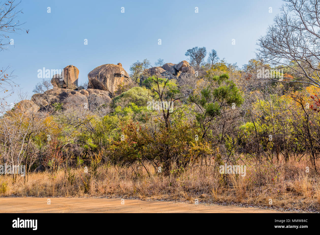 Balancing rocks in Matobo National Park, Zimbabwe, formed by millions of years of weathering. September 11, 2016. Stock Photo