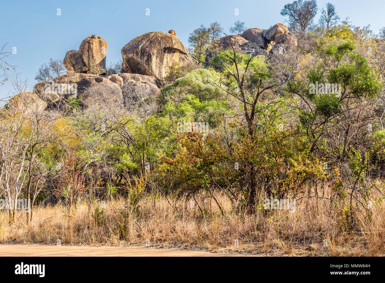 Balancing rocks in Matobo National Park, Zimbabwe, formed by millions of years of weathering. September 11, 2016. Stock Photo