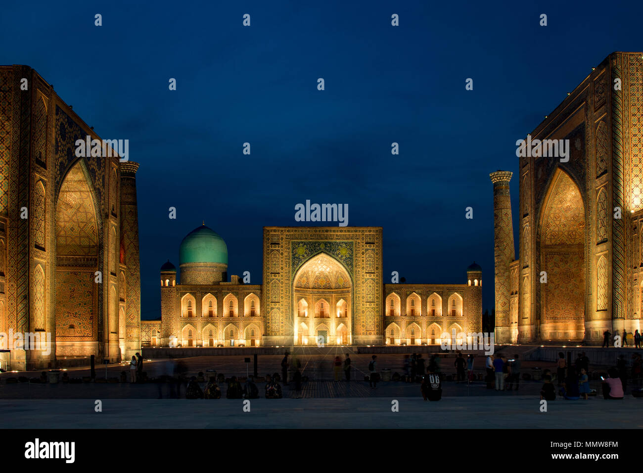 Registan Square at Dusk, Samarkand, Uzbekistan Stock Photo